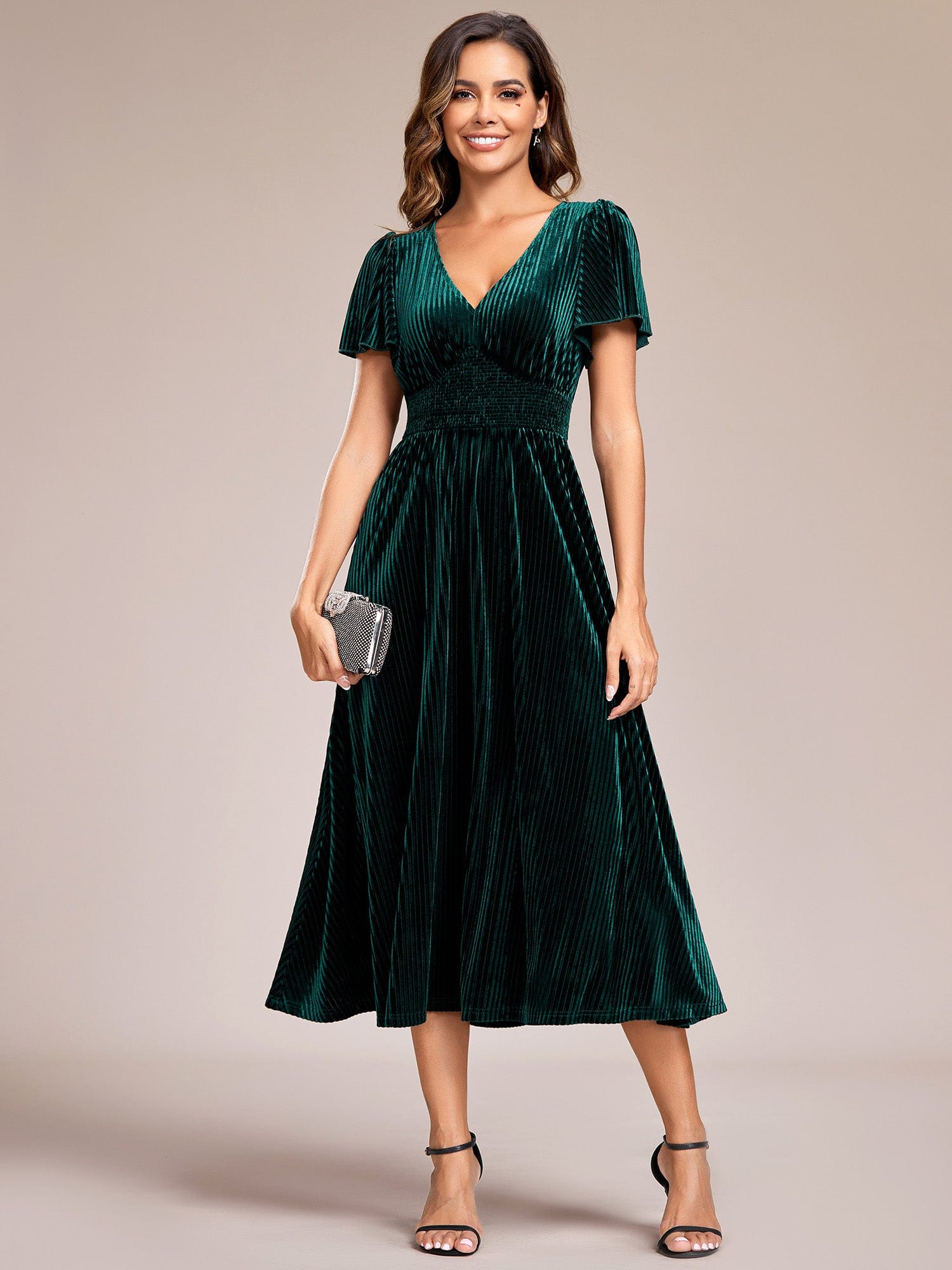 Striped Velvet Flutter Sleeves V-Neck Midi Wedding Guest Dress #color_Dark Green