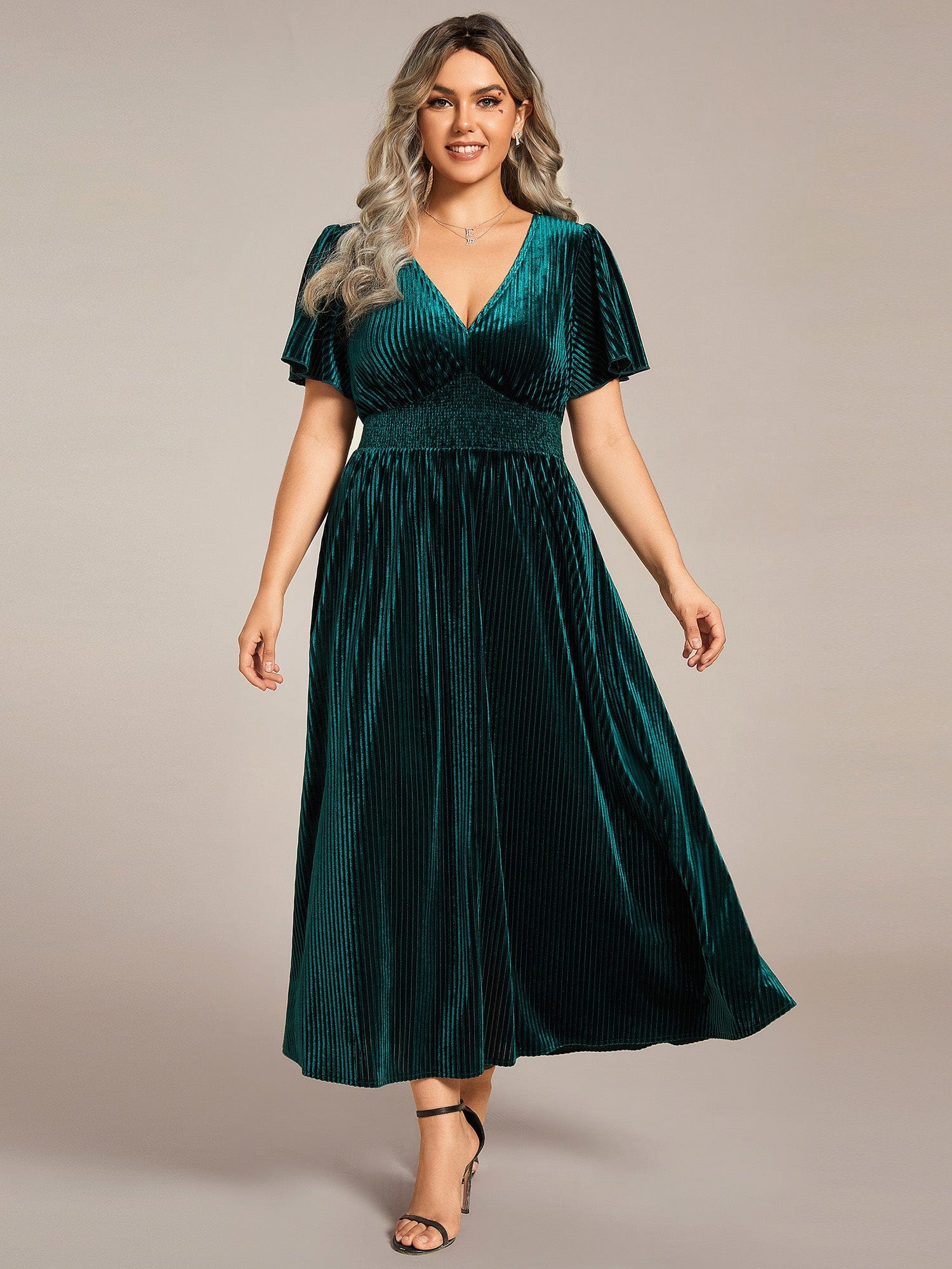 Striped Velvet Flutter Sleeves V-Neck Midi Wedding Guest Dress #color_Dark Green