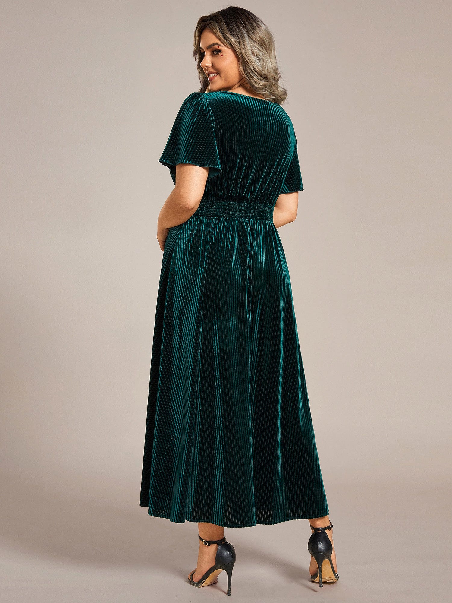 Striped Velvet Flutter Sleeves V-Neck Midi Wedding Guest Dress #color_Dark Green