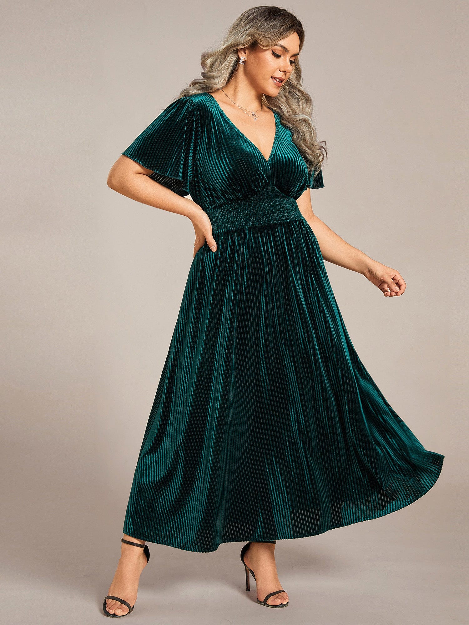 Striped Velvet Flutter Sleeves V-Neck Midi Wedding Guest Dress #color_Dark Green