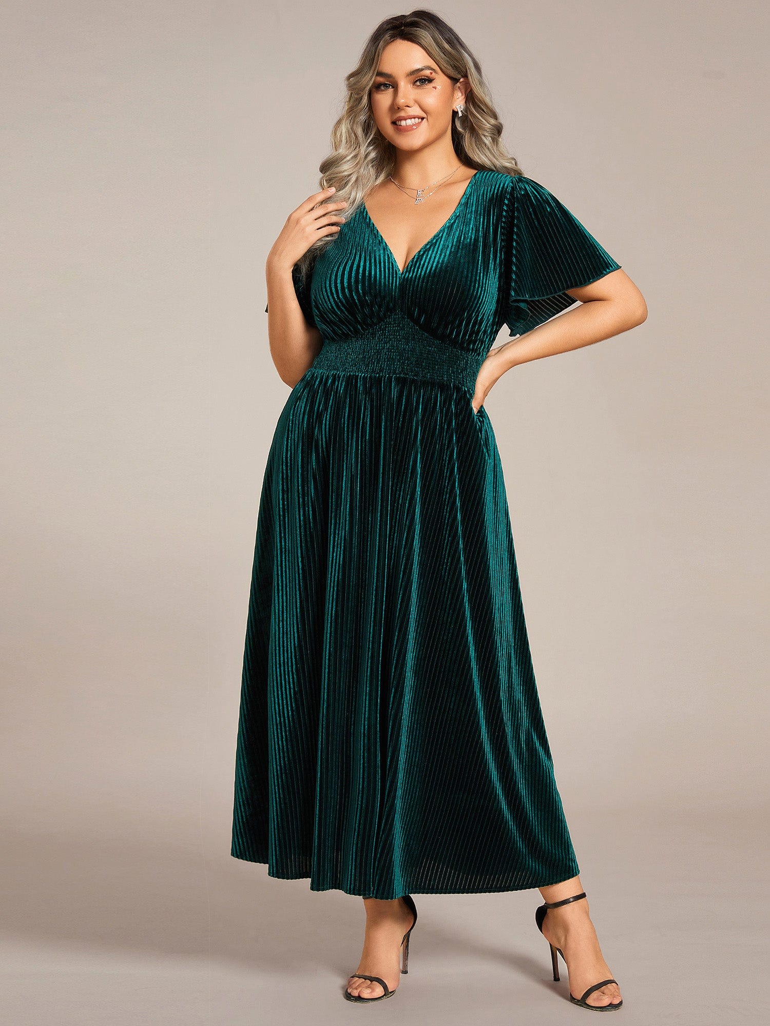 Striped Velvet Flutter Sleeves V-Neck Midi Wedding Guest Dress #color_Dark Green