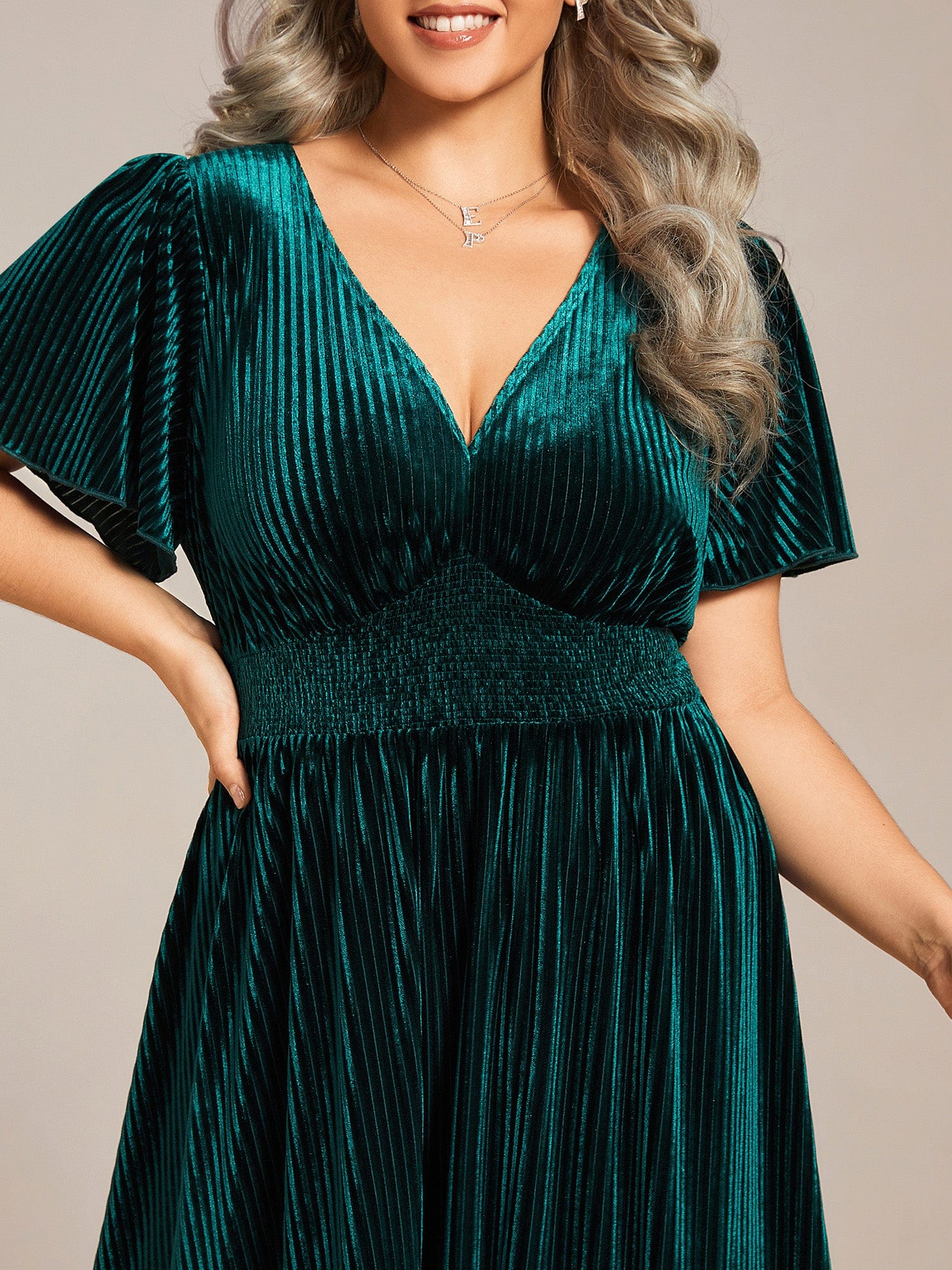 Striped Velvet Flutter Sleeves V-Neck Midi Wedding Guest Dress #color_Dark Green