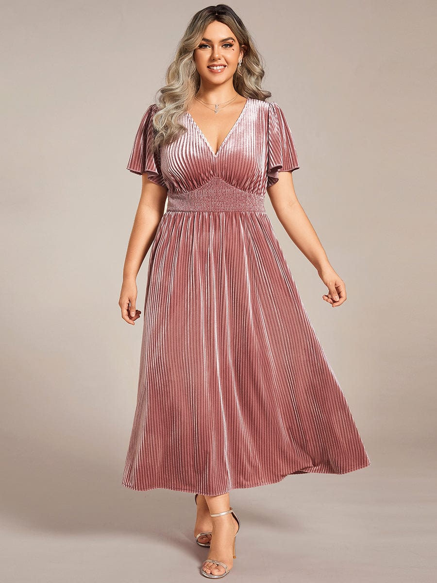 Plus Size A-line V-Neck Short Sleeve Velvet Wedding Guest Dress #color_Purple Orchid