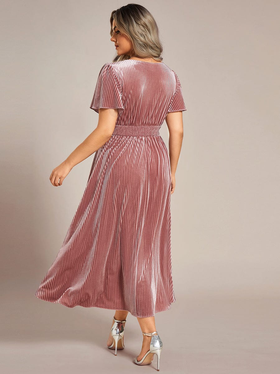 Striped Velvet Flutter Sleeves V-Neck Midi Wedding Guest Dress #color_Purple Orchid