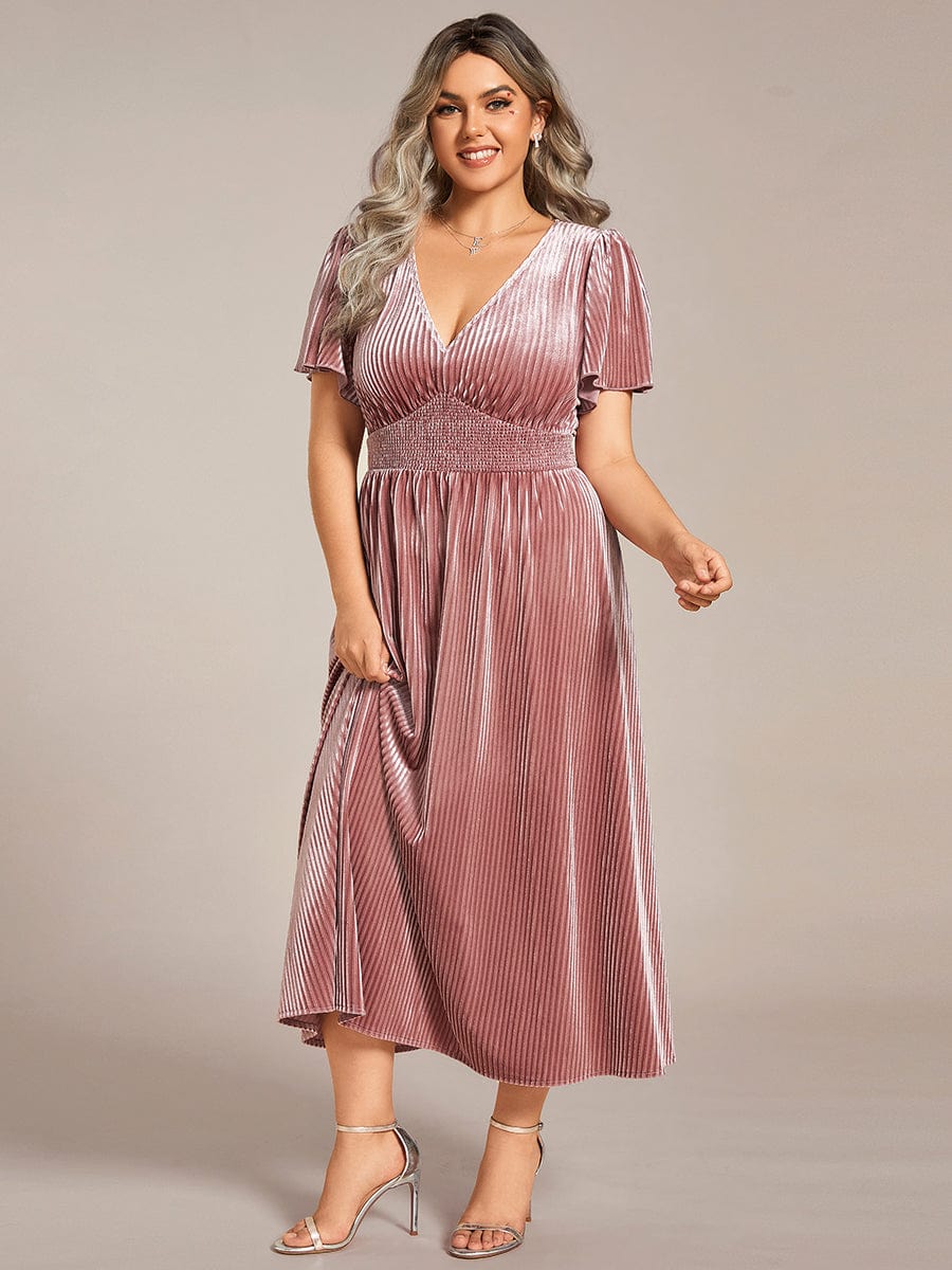 Plus Size A-line V-Neck Short Sleeve Velvet Wedding Guest Dress #color_Purple Orchid