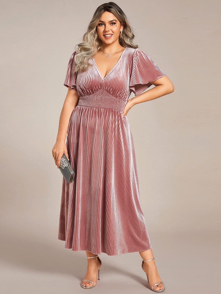 Striped Velvet Flutter Sleeves V-Neck Midi Wedding Guest Dress #color_Purple Orchid