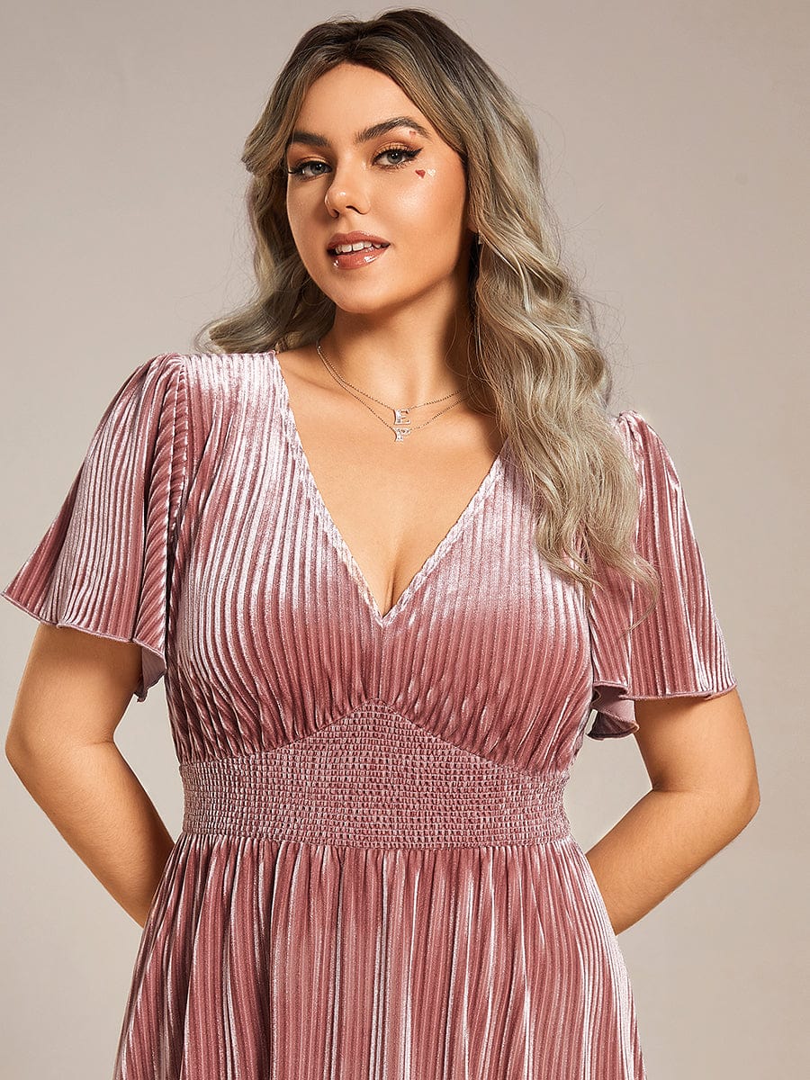 Plus Size A-line V-Neck Short Sleeve Velvet Wedding Guest Dress #color_Purple Orchid