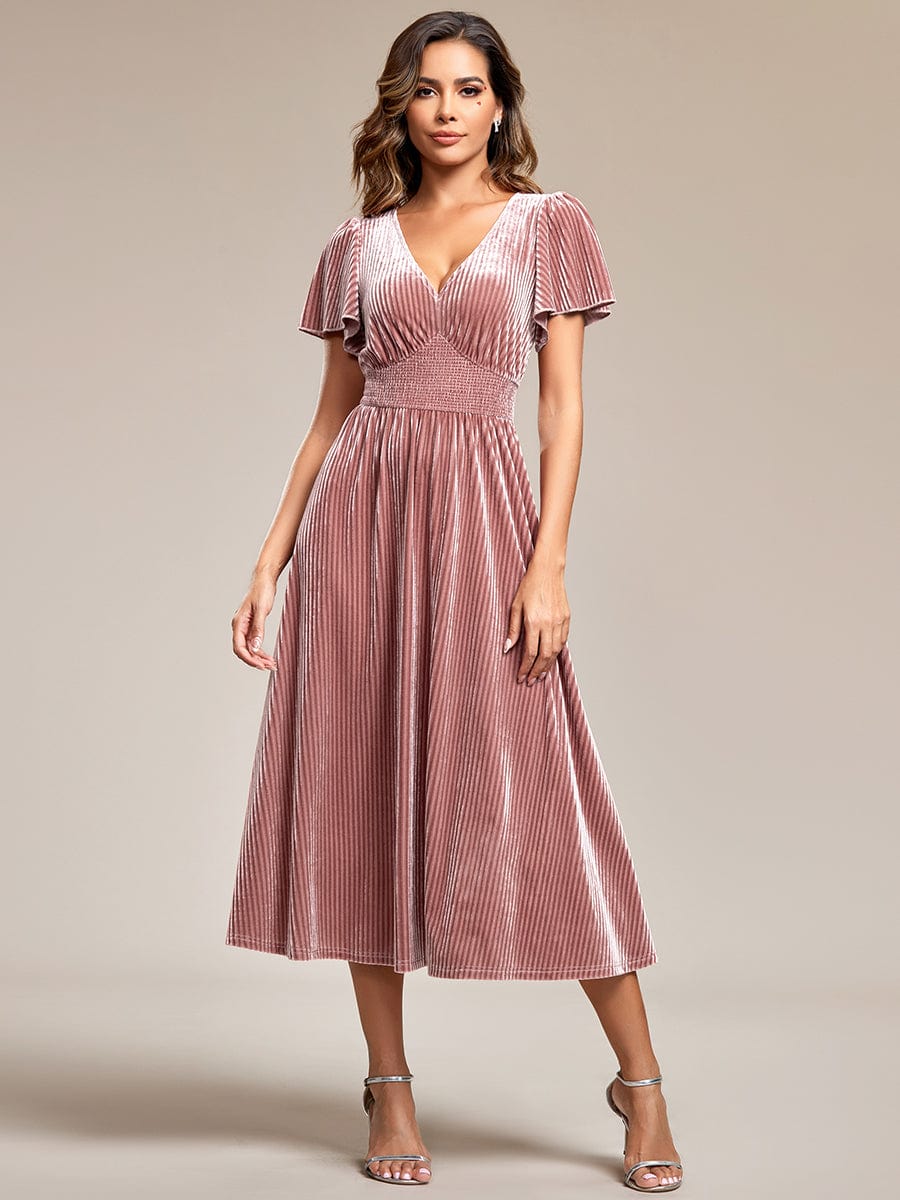 Striped Velvet Flutter Sleeves V-Neck Midi Wedding Guest Dress #color_Purple Orchid