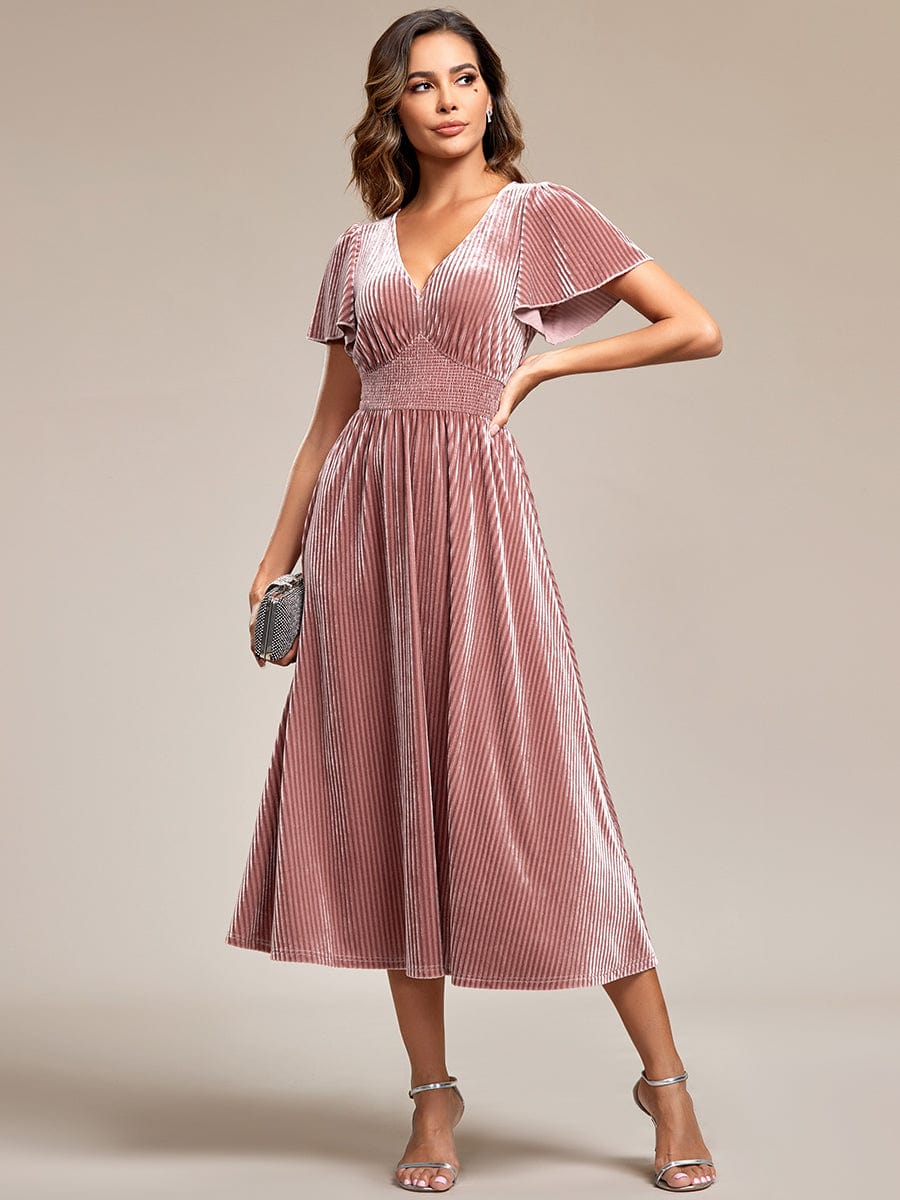 Striped Velvet Flutter Sleeves V-Neck Midi Wedding Guest Dress #color_Purple Orchid