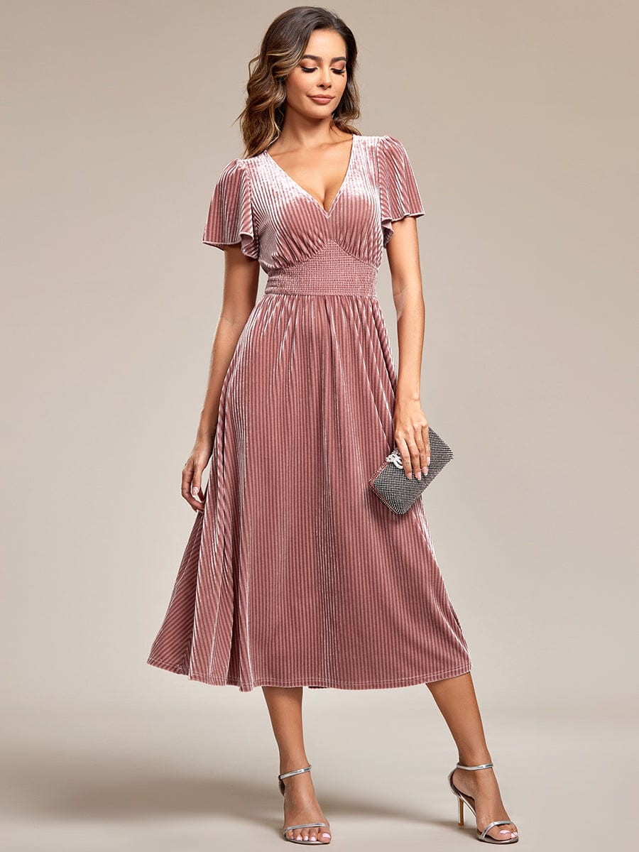 Striped Velvet Flutter Sleeves V-Neck Midi Wedding Guest Dress #color_Purple Orchid