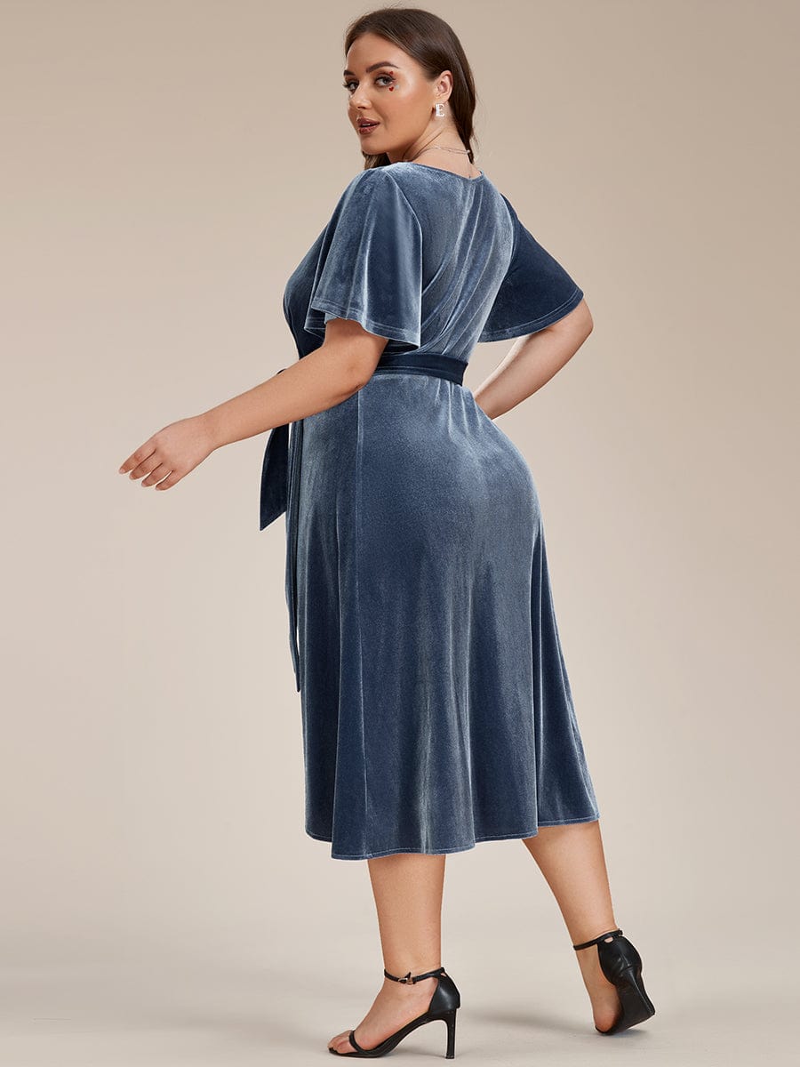 Charming Flutter Sleeves V-Neck Velvet Wedding Guest Dress #color_Dusty Blue