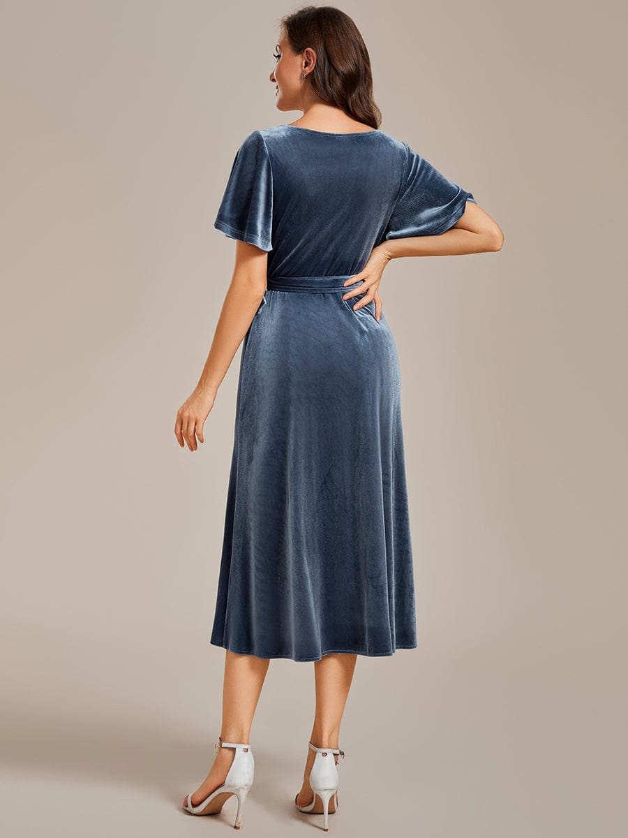 Charming Flutter Sleeves V-Neck Velvet Wedding Guest Dress #color_Dusty Blue