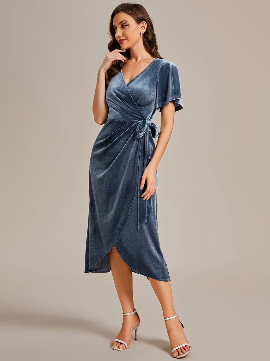 Charming Flutter Sleeves V-Neck Velvet Wedding Guest Dress #color_Dusty Navy