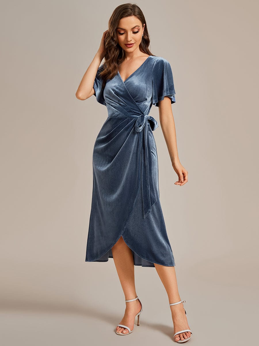 Charming Flutter Sleeves V-Neck Velvet Wedding Guest Dress #color_Dusty Blue