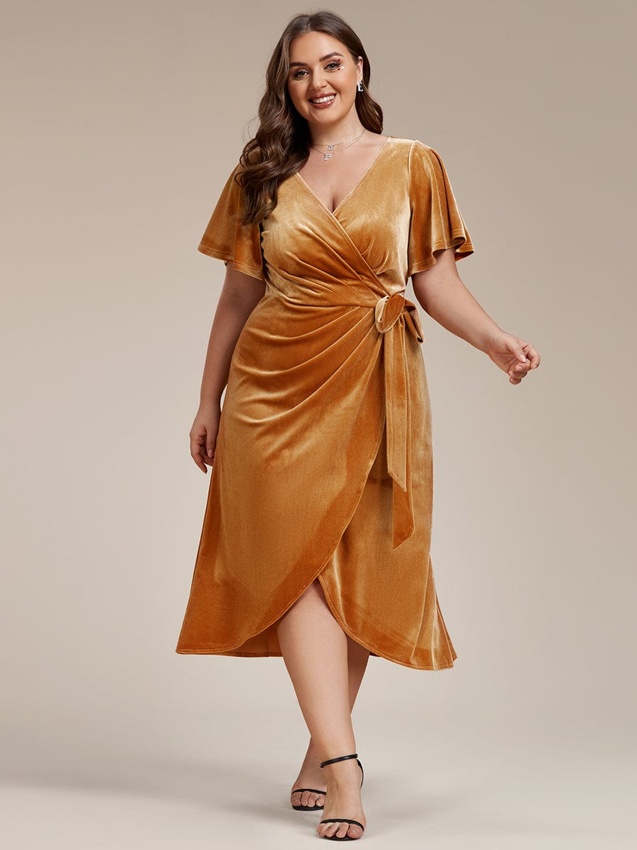 Charming Flutter Sleeves V-Neck Velvet Wedding Guest Dress #color_Ginger