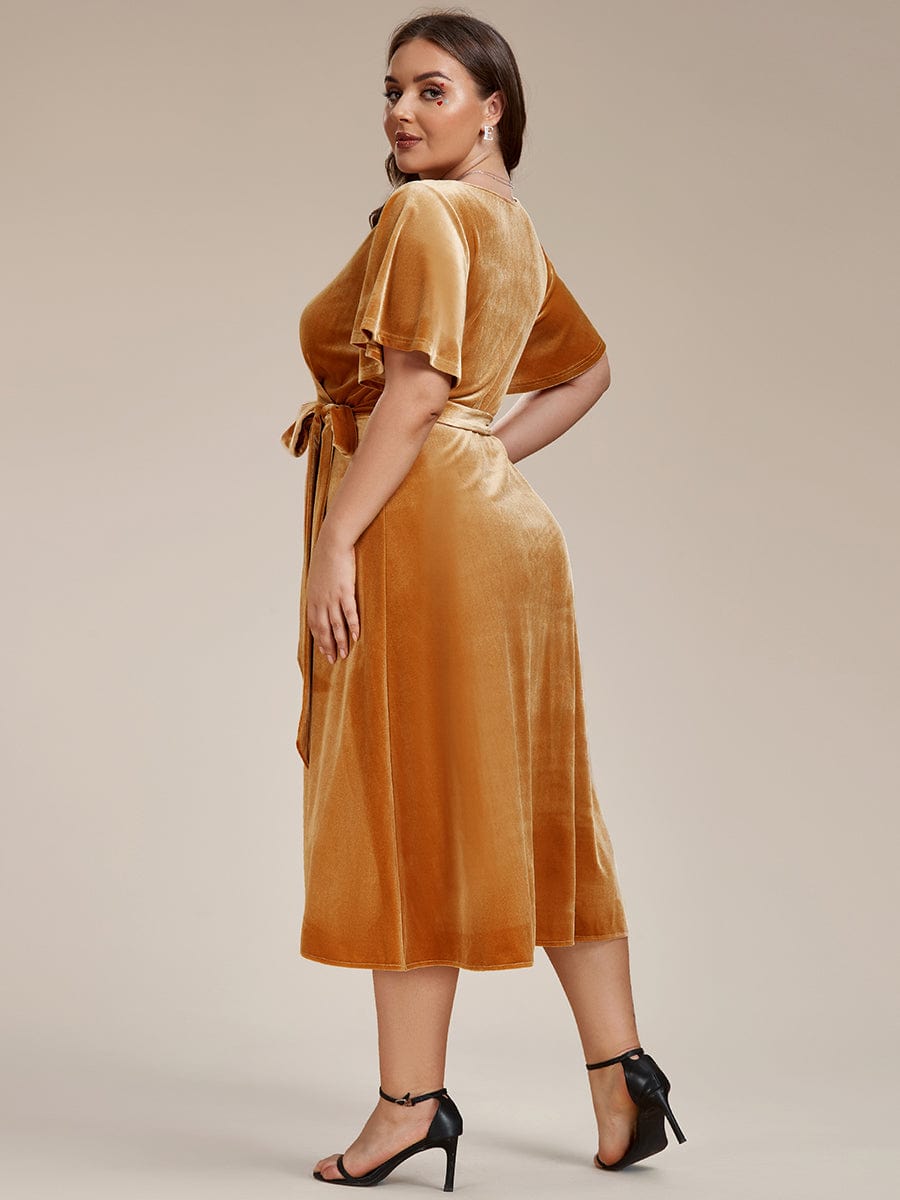 Plus Size Velvet Wedding Guest Dress with V-Neck and Flutter Sleeves #color_Ginger