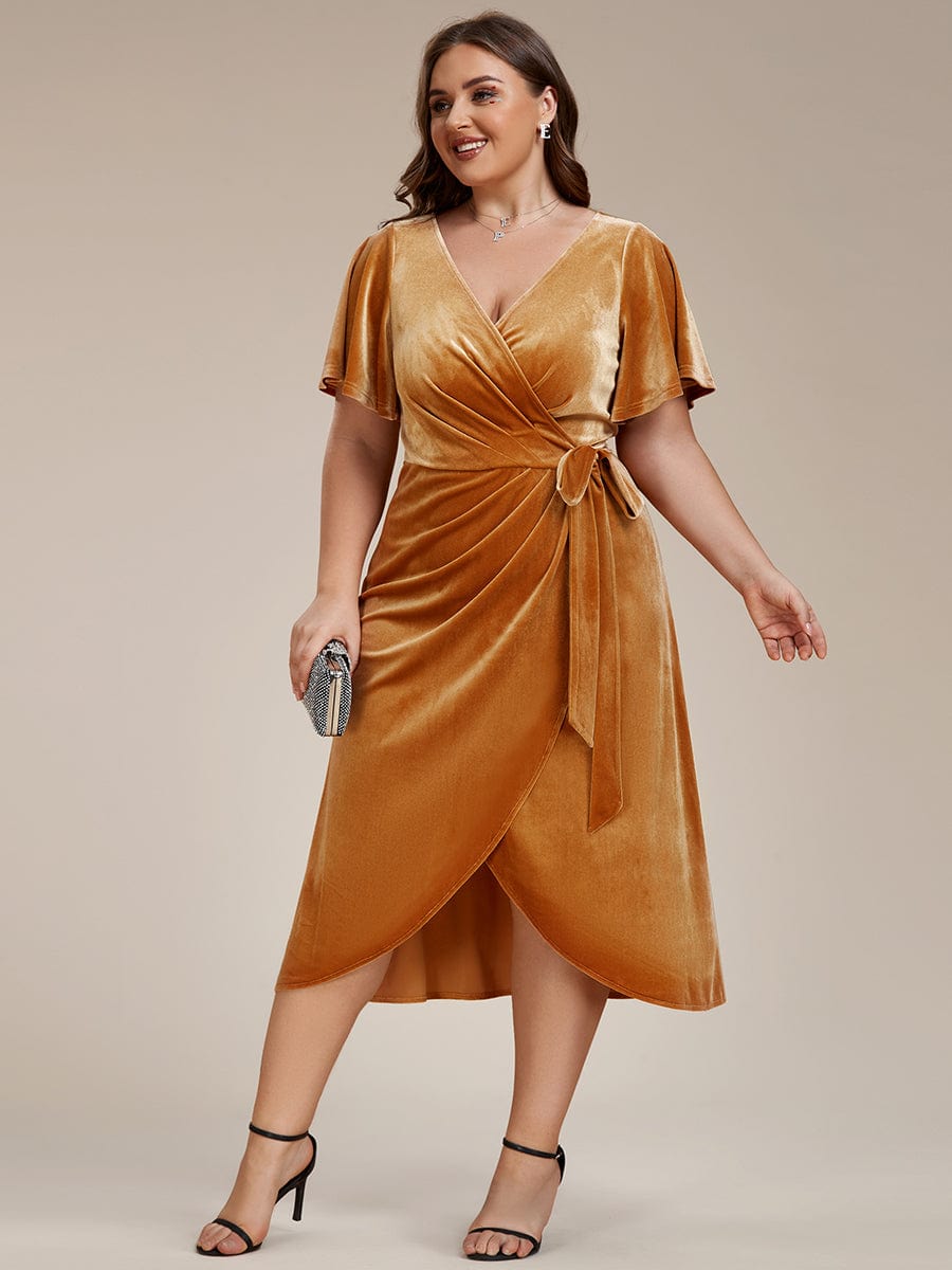 Charming Flutter Sleeves V-Neck Velvet Wedding Guest Dress #color_Ginger