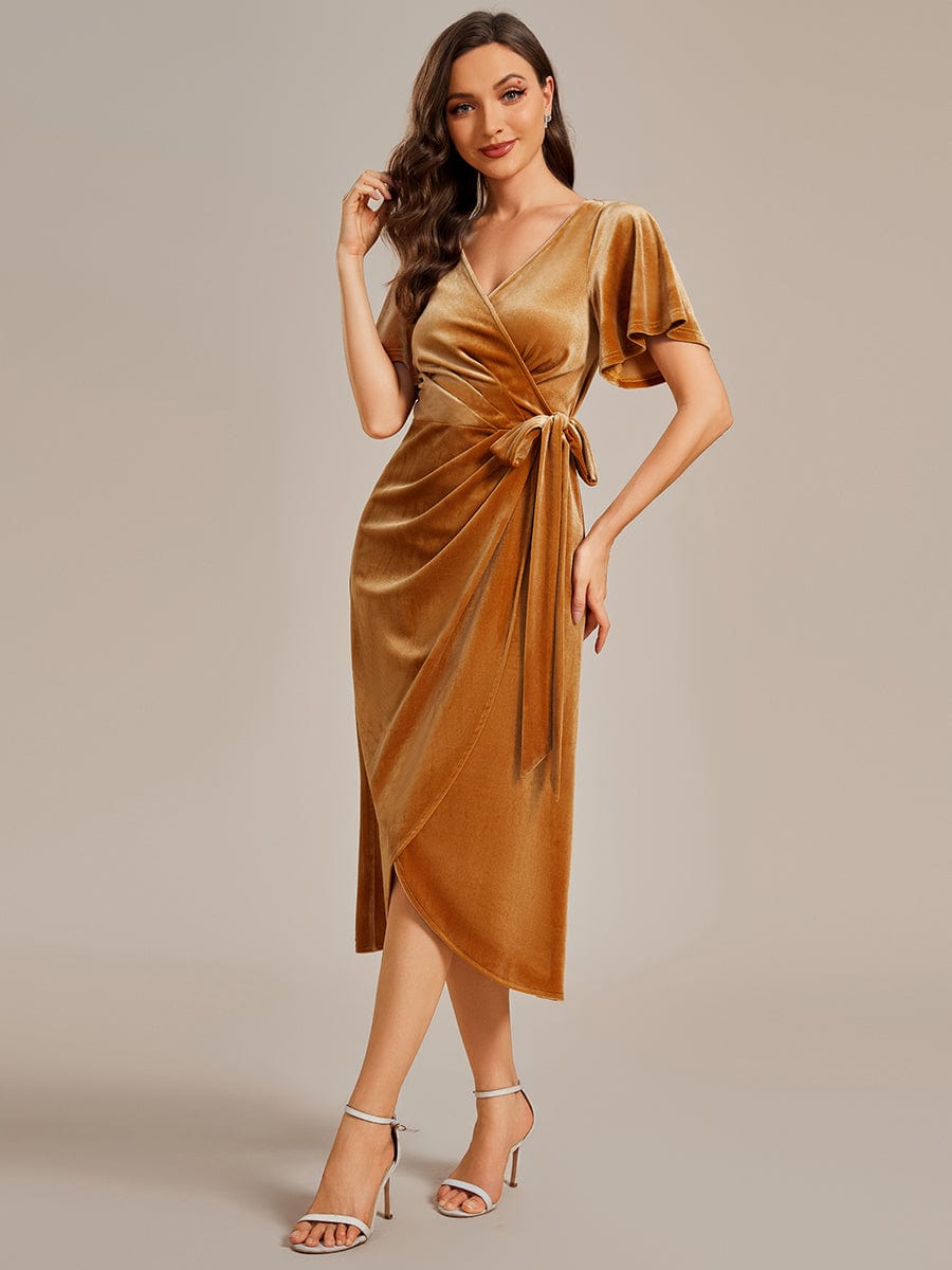 Charming Flutter Sleeves V-Neck Velvet Wedding Guest Dress #color_Ginger