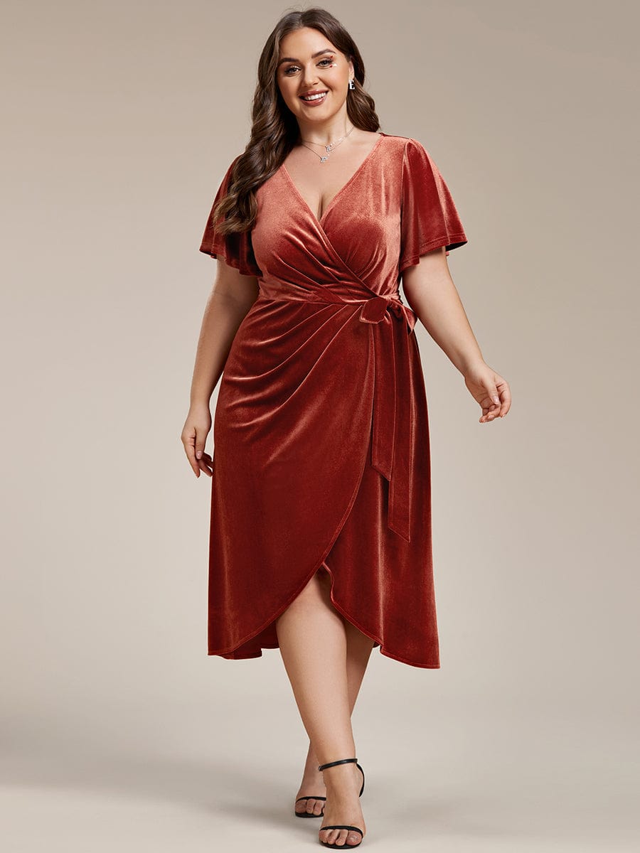 Charming Flutter Sleeves V-Neck Velvet Wedding Guest Dress #color_Brick Red