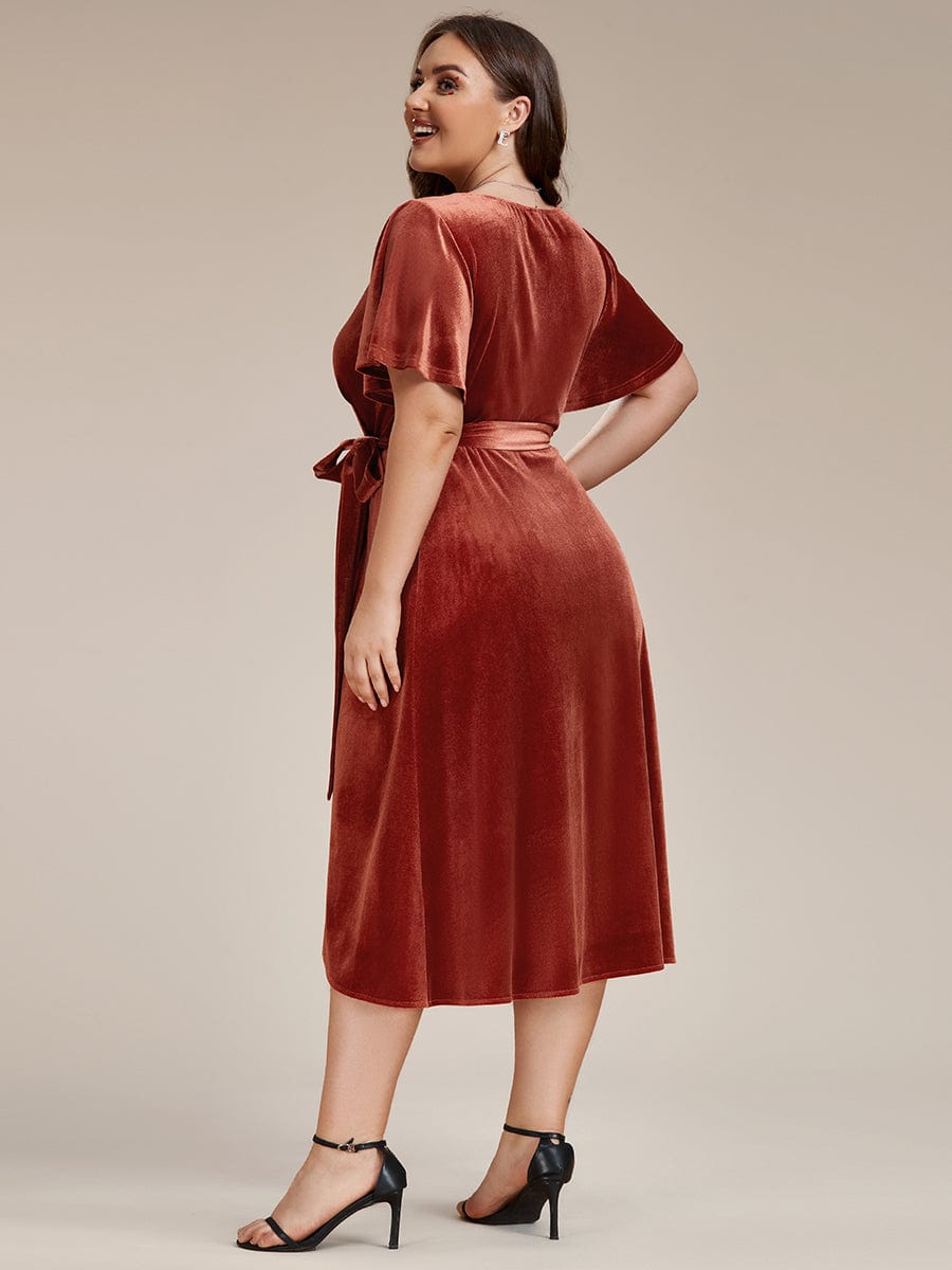 Charming Flutter Sleeves V-Neck Velvet Wedding Guest Dress #color_Brick Red