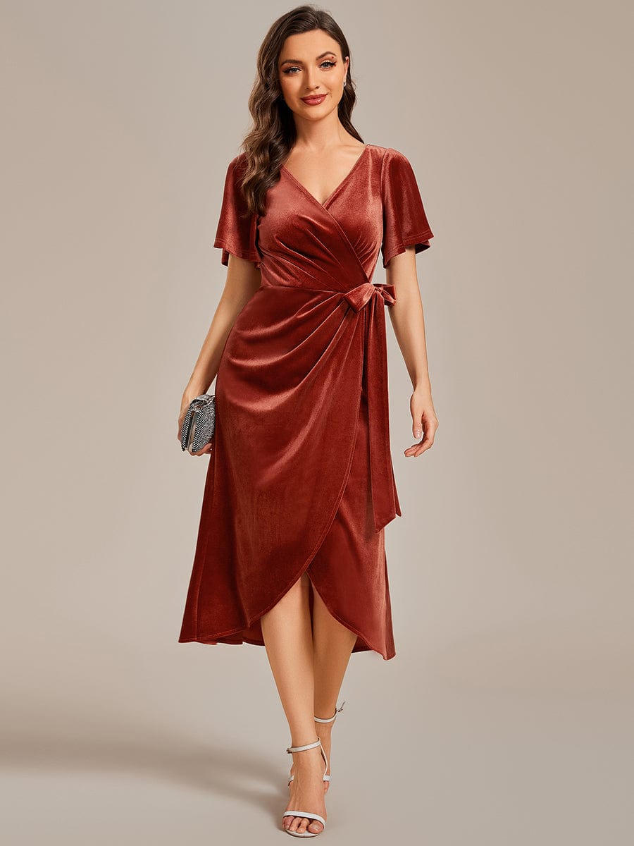 Charming Flutter Sleeves V-Neck Velvet Wedding Guest Dress #color_Brick Red