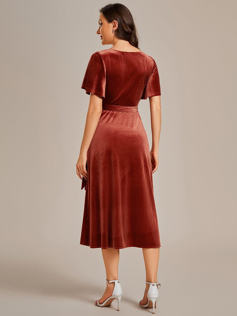 Charming Flutter Sleeves V-Neck Velvet Wedding Guest Dress #color_Brick Red