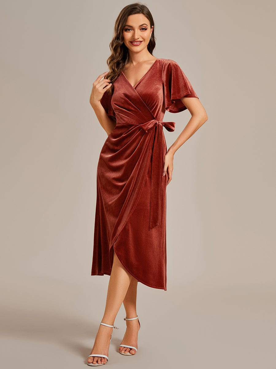 Charming Flutter Sleeves V-Neck Velvet Wedding Guest Dress #color_Brick Red