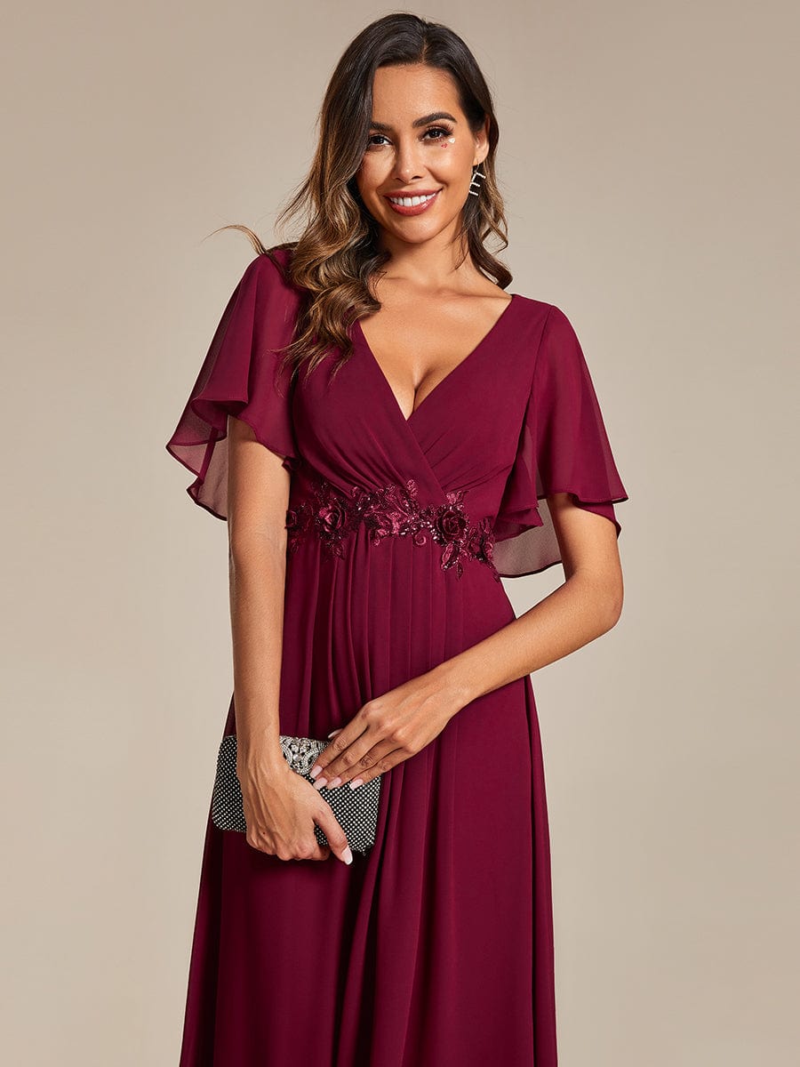 V-Neck Chiffon Wedding Guest Dress with Waist Applique #color_Burgundy