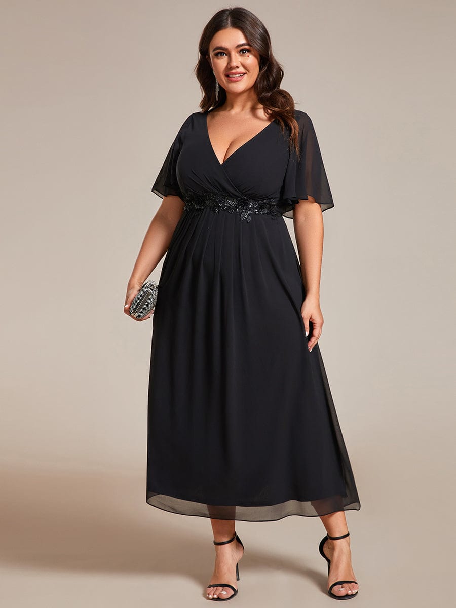 V-Neck Chiffon Wedding Guest Dress with Waist Applique #color_Black