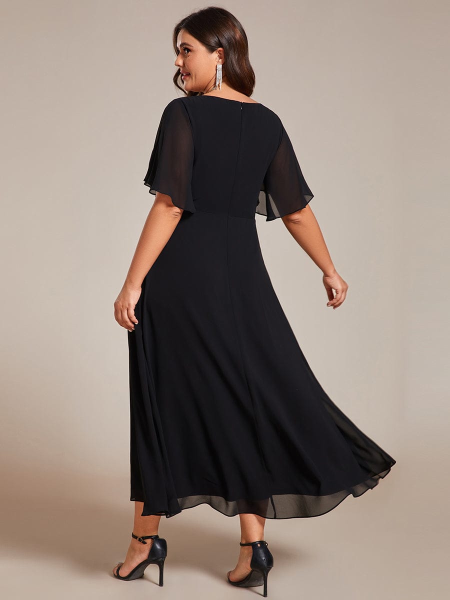 Plus Size V-Neck Chiffon Wedding Guest Dress with Waist Applique #color_Black