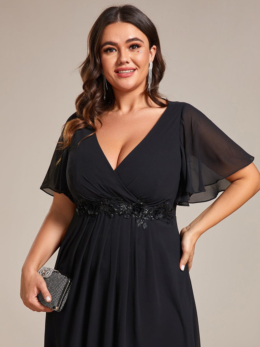 V-Neck Chiffon Wedding Guest Dress with Waist Applique #color_Black