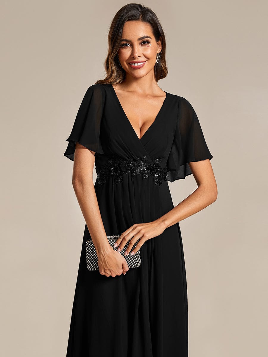 V-Neck Chiffon Wedding Guest Dress with Waist Applique #color_Black