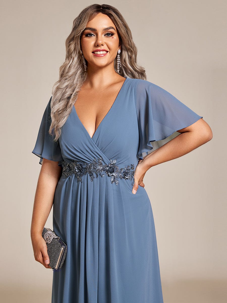 Plus Size V-Neck Chiffon Wedding Guest Dress with Waist Applique #color_Dusty Blue