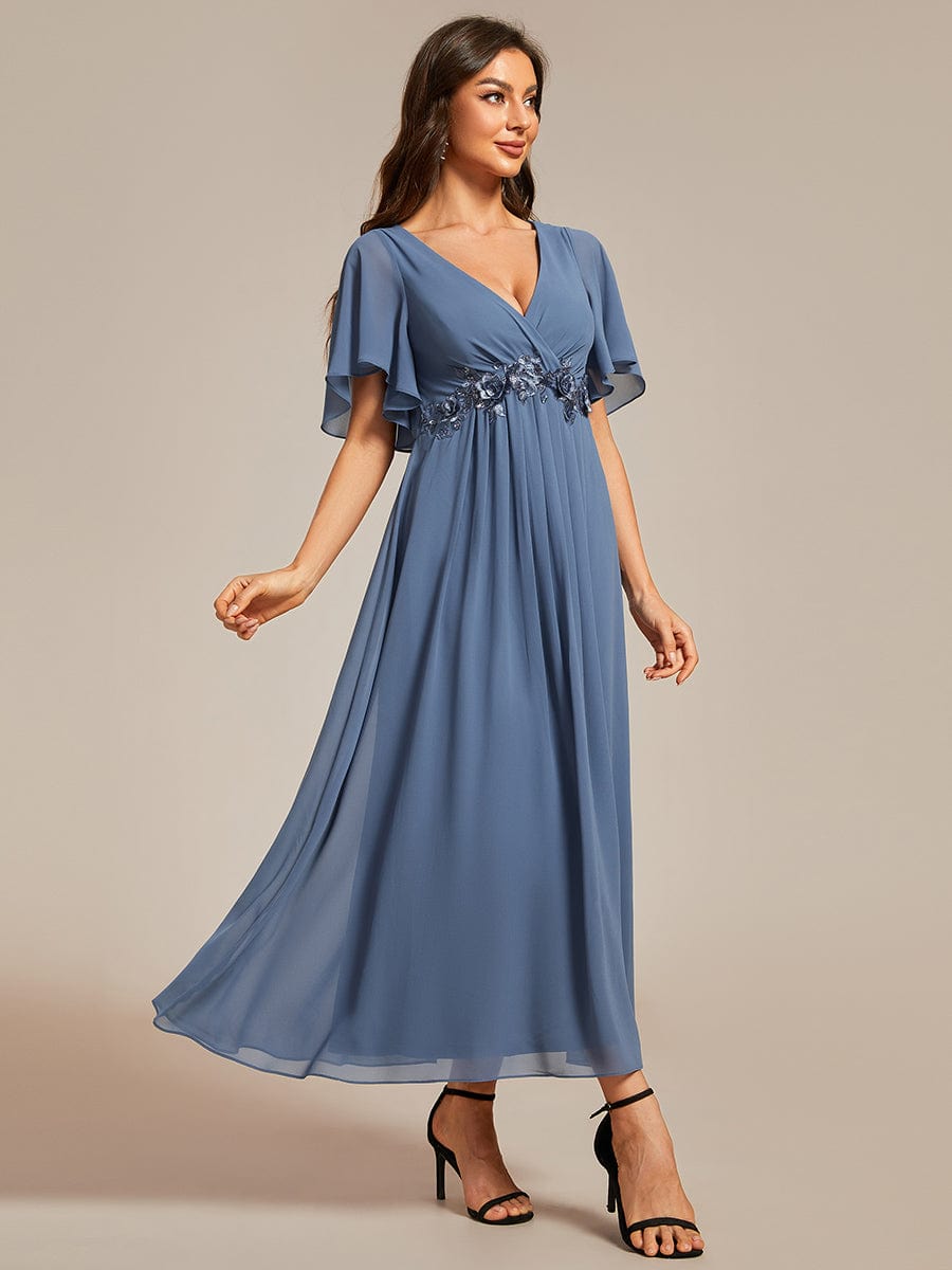 V-Neck Chiffon Wedding Guest Dress with Waist Applique #color_Dusty Blue