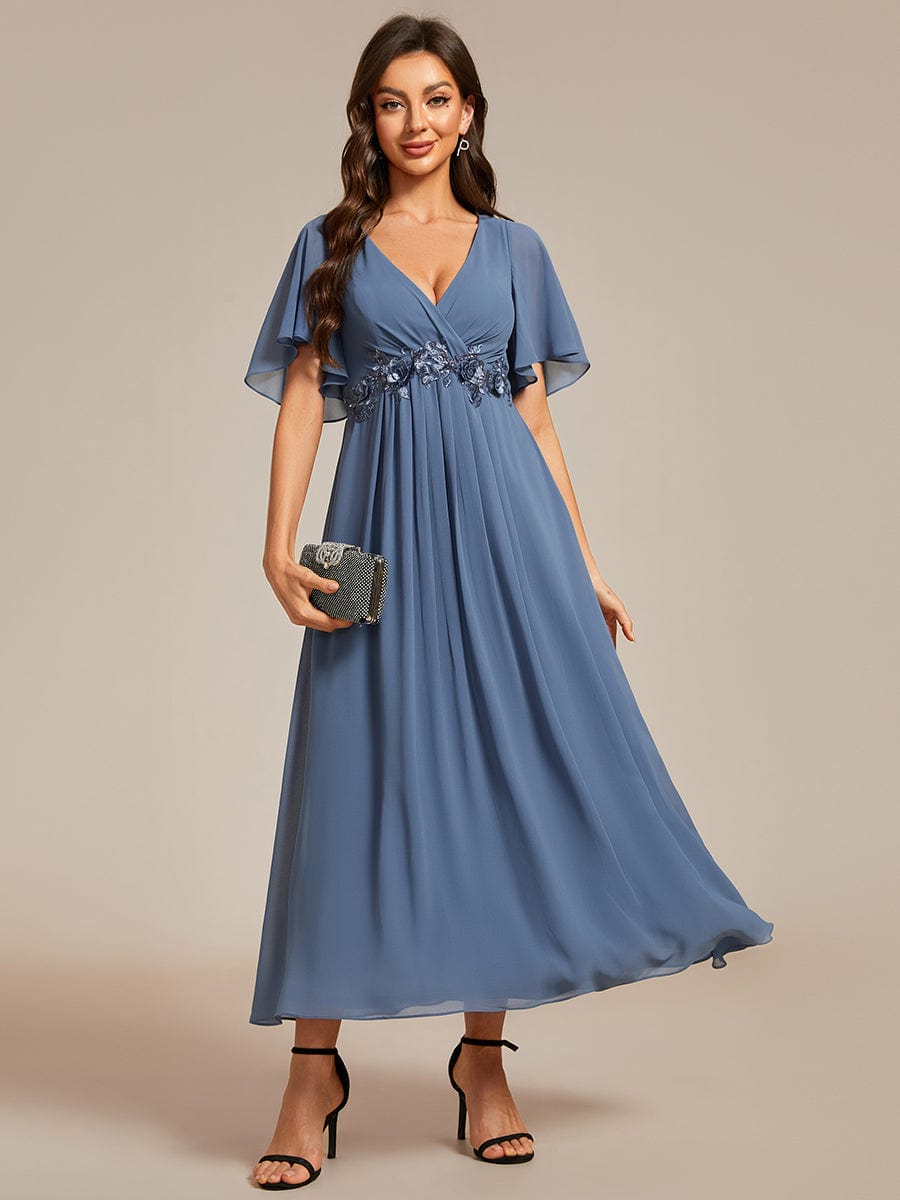 V-Neck Chiffon Wedding Guest Dress with Waist Applique #color_Dusty Blue