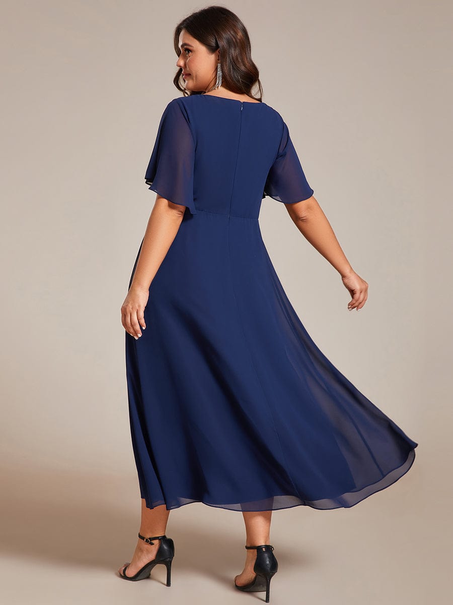 V-Neck Chiffon Wedding Guest Dress with Waist Applique #color_Navy Blue