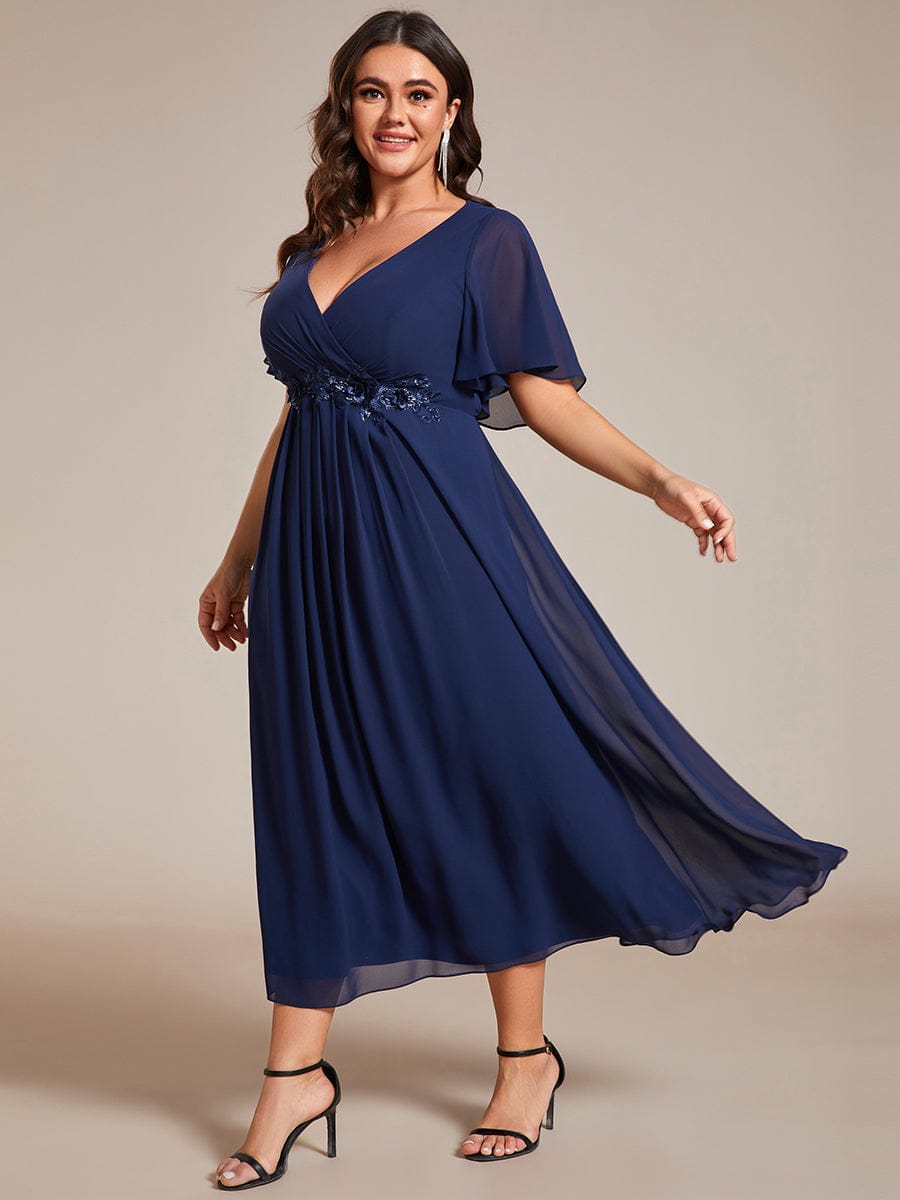 V-Neck Chiffon Wedding Guest Dress with Waist Applique #color_Navy Blue