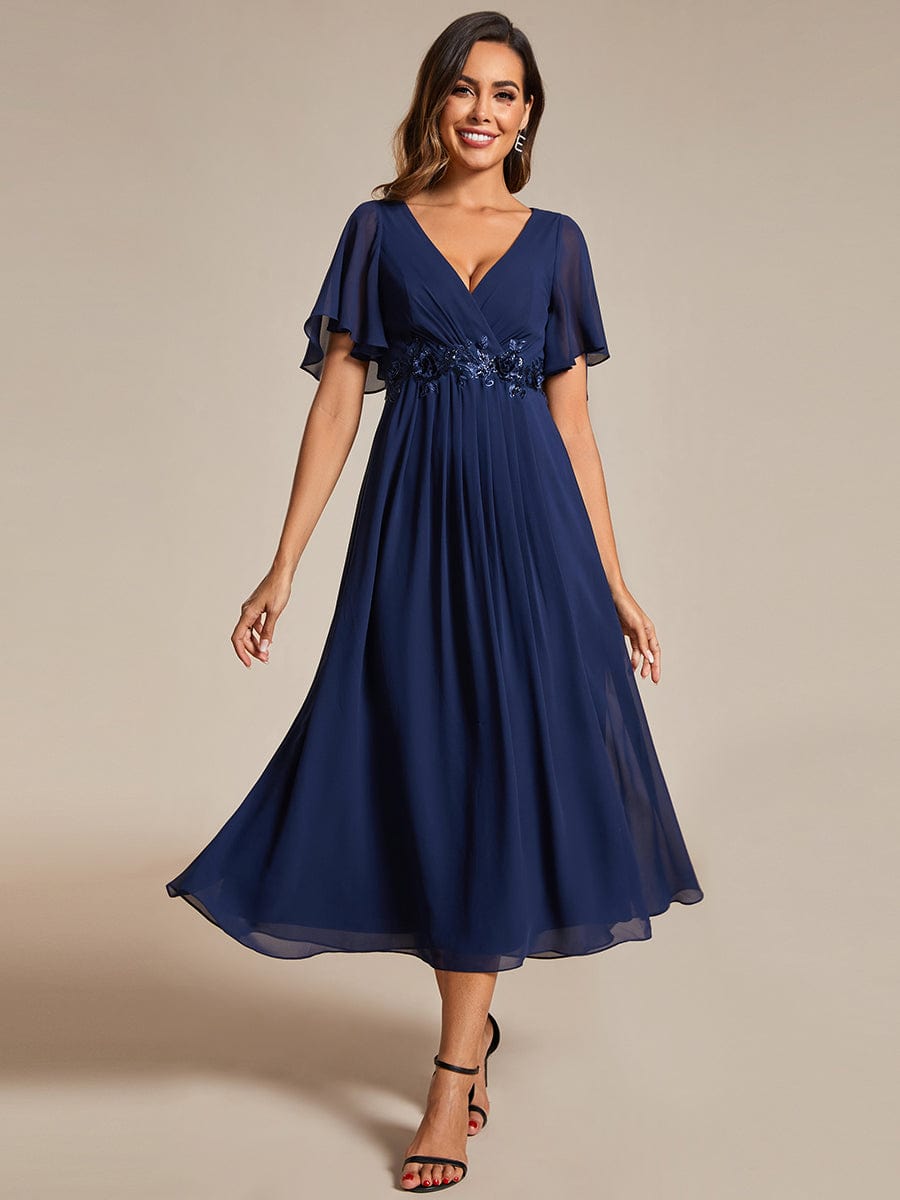 V-Neck Chiffon Wedding Guest Dress with Waist Applique #color_Navy Blue