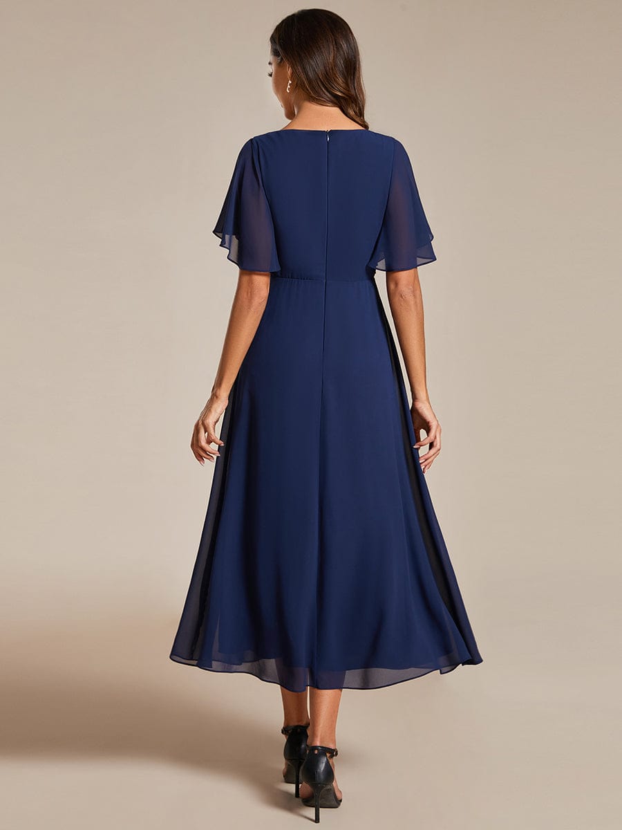 V-Neck Chiffon Wedding Guest Dress with Waist Applique #color_Navy Blue