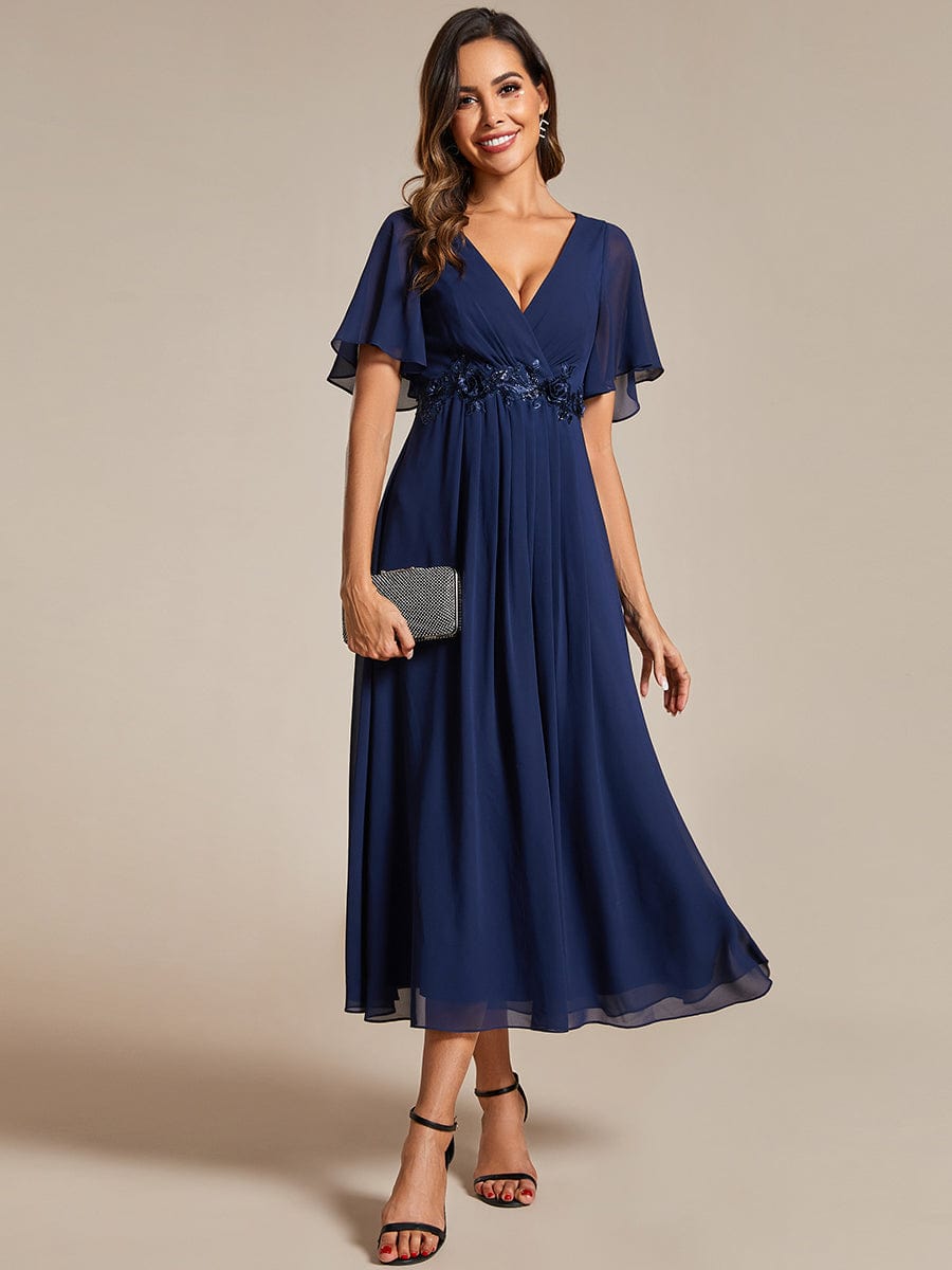 V-Neck Chiffon Wedding Guest Dress with Waist Applique #color_Navy Blue