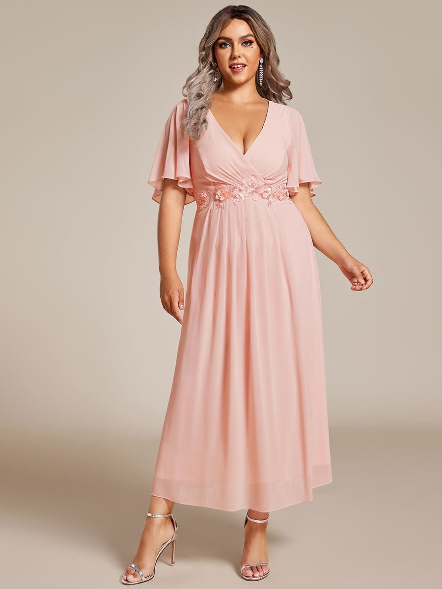 Plus Size V-Neck Chiffon Wedding Guest Dress with Waist Applique #color_Pink