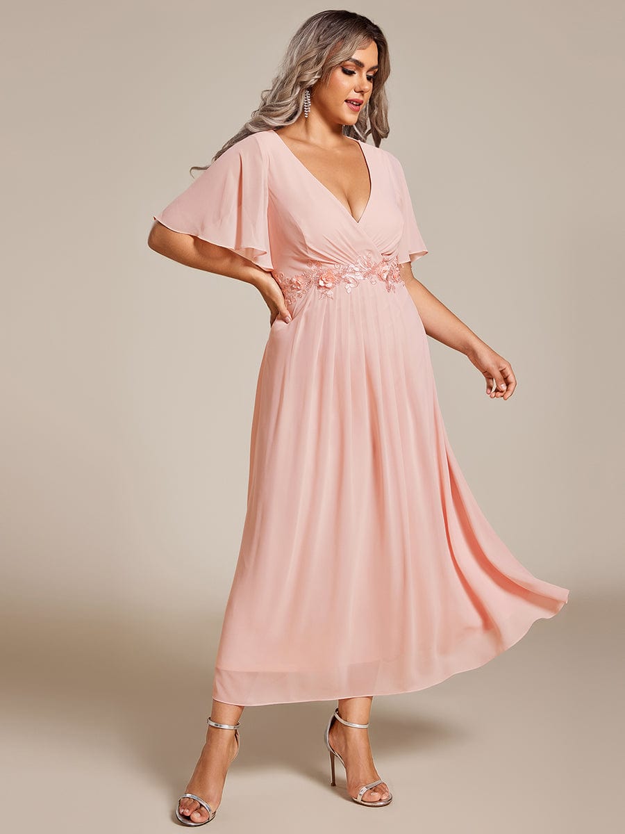 Plus Size V-Neck Chiffon Wedding Guest Dress with Waist Applique #color_Pink