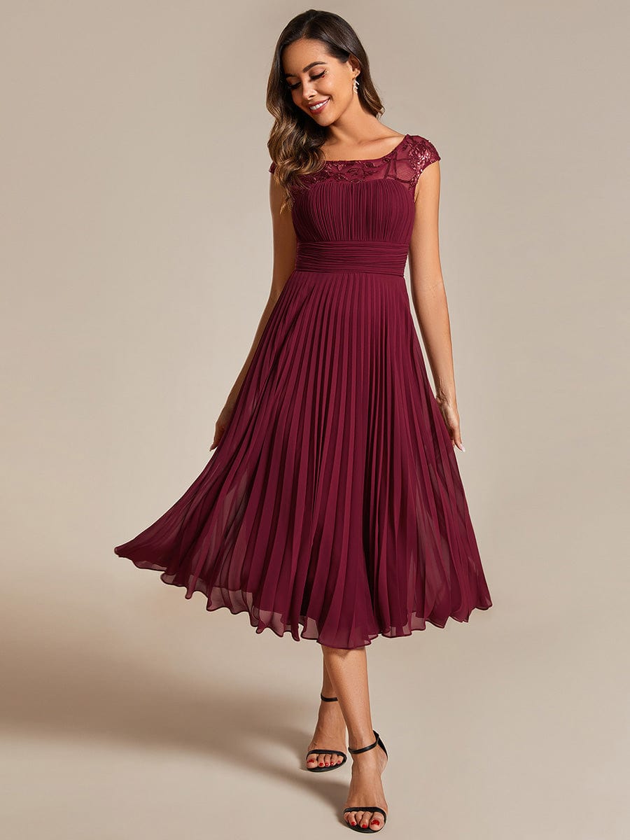 Sleeveless Chiffon A-Line Wedding Guest Dress with Pleats and Round Neckline #color_Burgundy