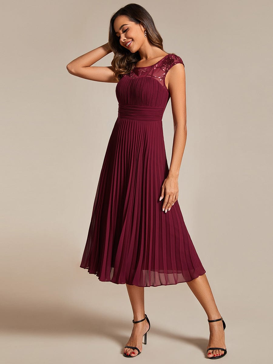 Sleeveless Chiffon A-Line Wedding Guest Dress with Pleats and Round Neckline #color_Burgundy