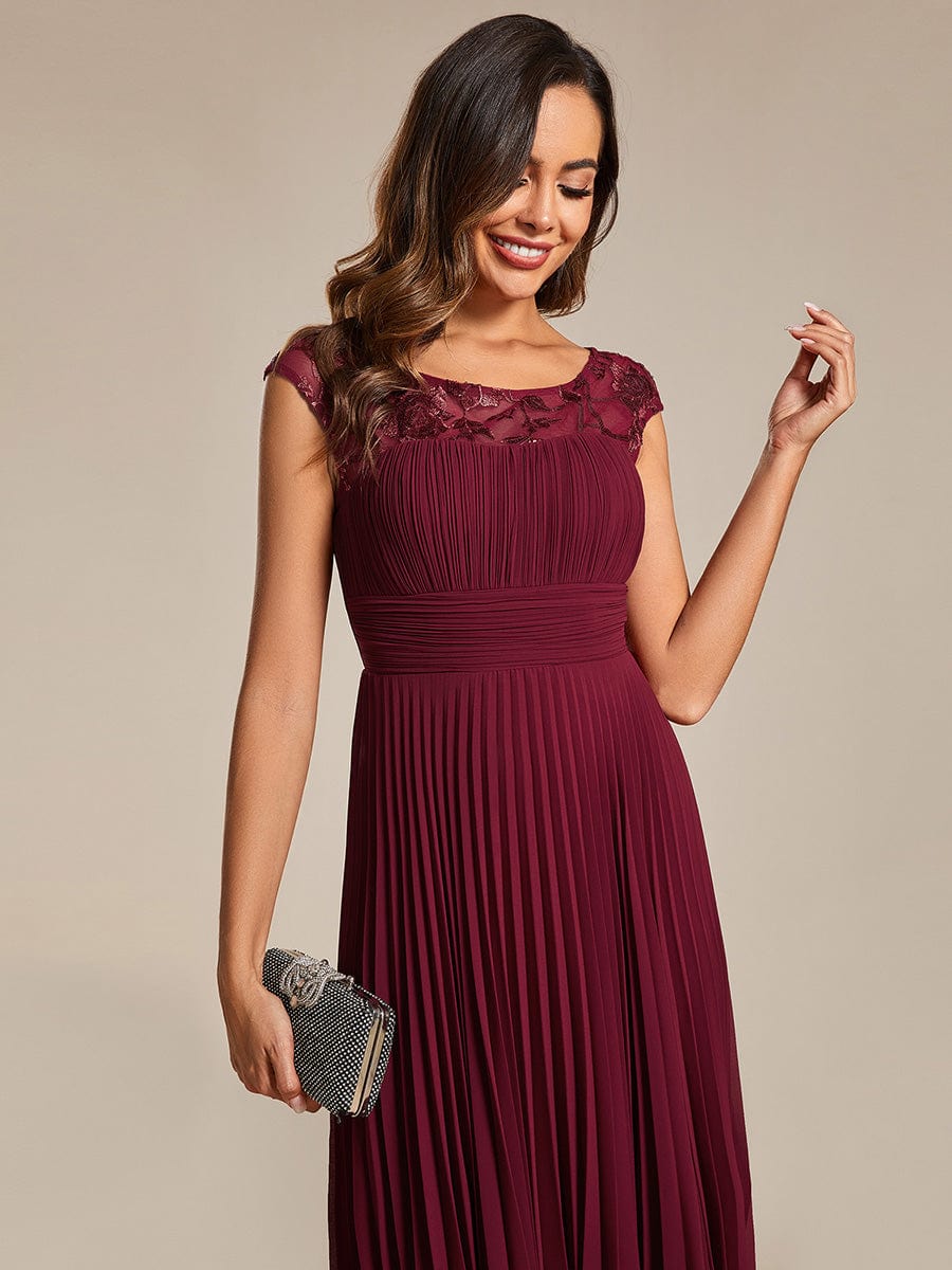 Sleeveless Chiffon A-Line Wedding Guest Dress with Pleats and Round Neckline #color_Burgundy