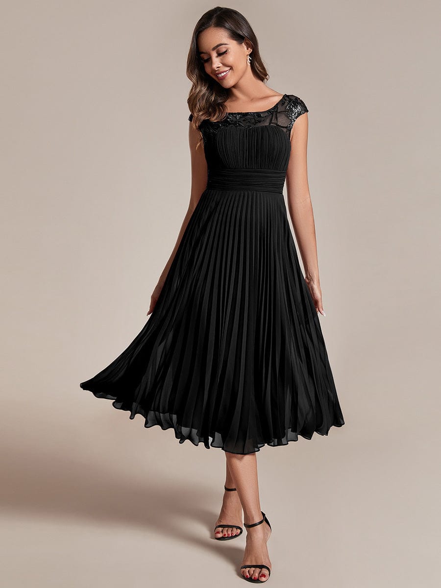 Sleeveless Chiffon A-Line Wedding Guest Dress with Pleats and Round Neckline #color_Black