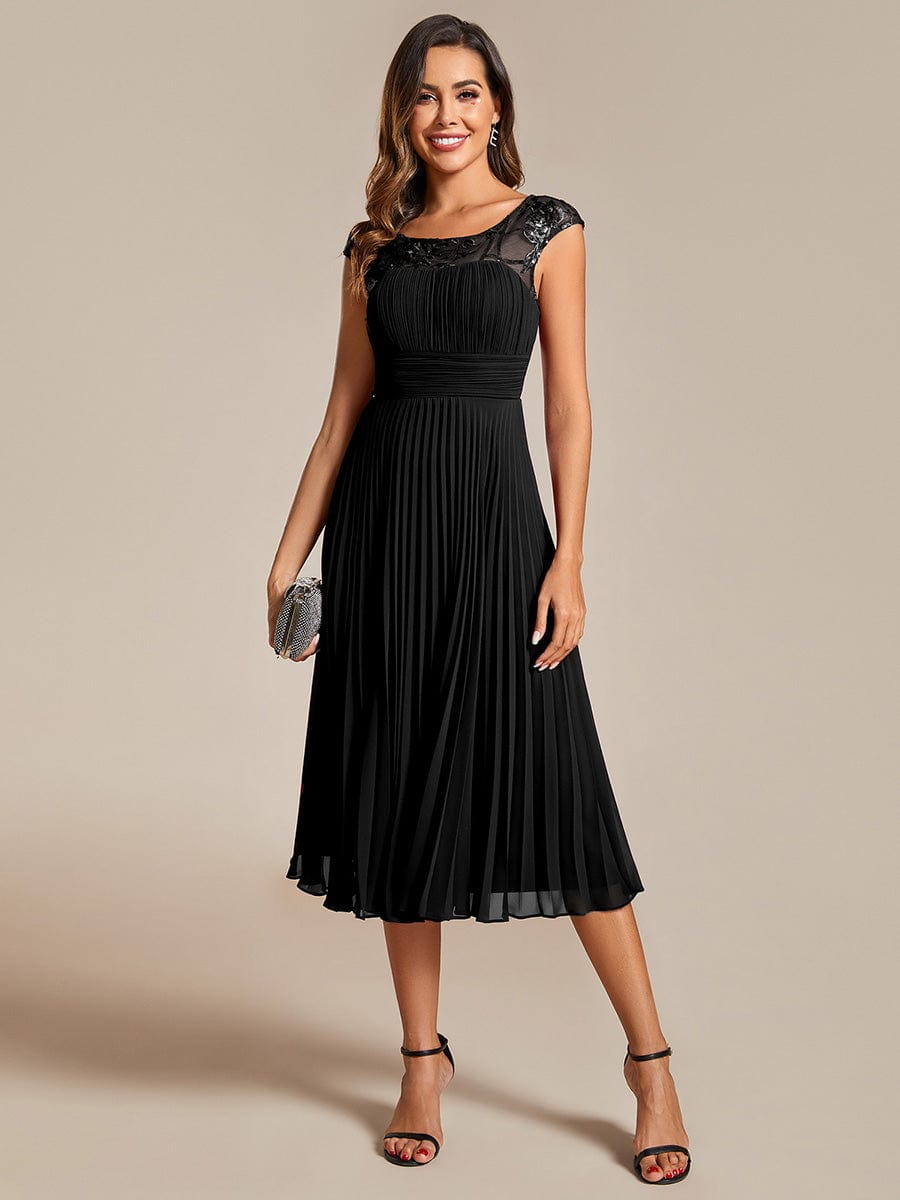 Sleeveless Chiffon A-Line Wedding Guest Dress with Pleats and Round Neckline #color_Black