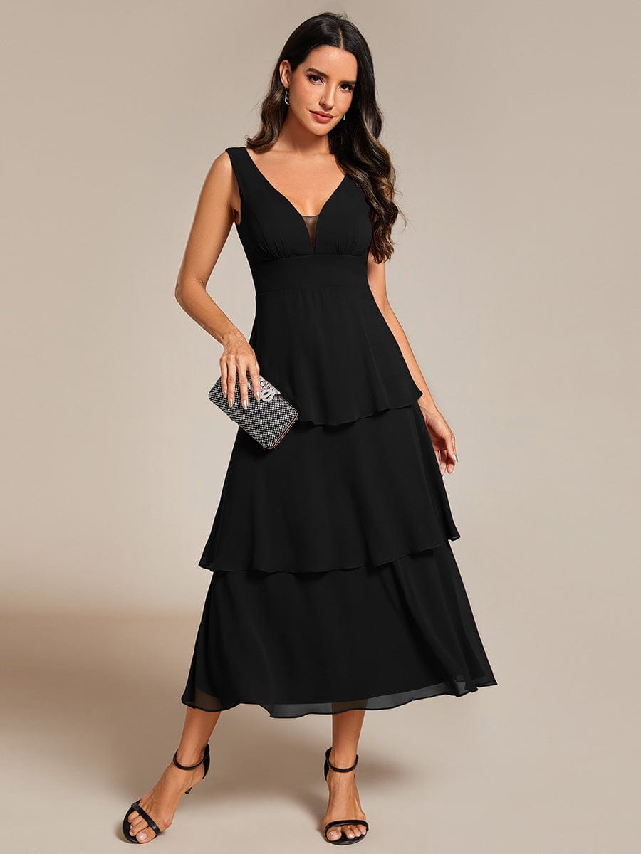 Layered hem V Neck Sleeveless A Line Chiffon Wedding Guest Dress