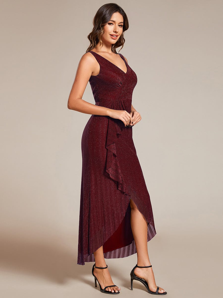 Sleeveless High-Low Fishtail Wedding Guest Dress with Lotus Leaf #color_Burgundy