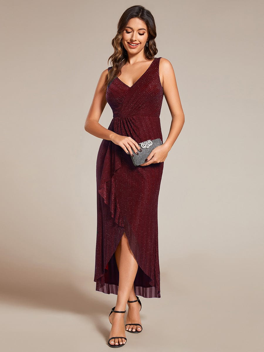 Sleeveless High-Low Fishtail Wedding Guest Dress with Lotus Leaf #color_Burgundy